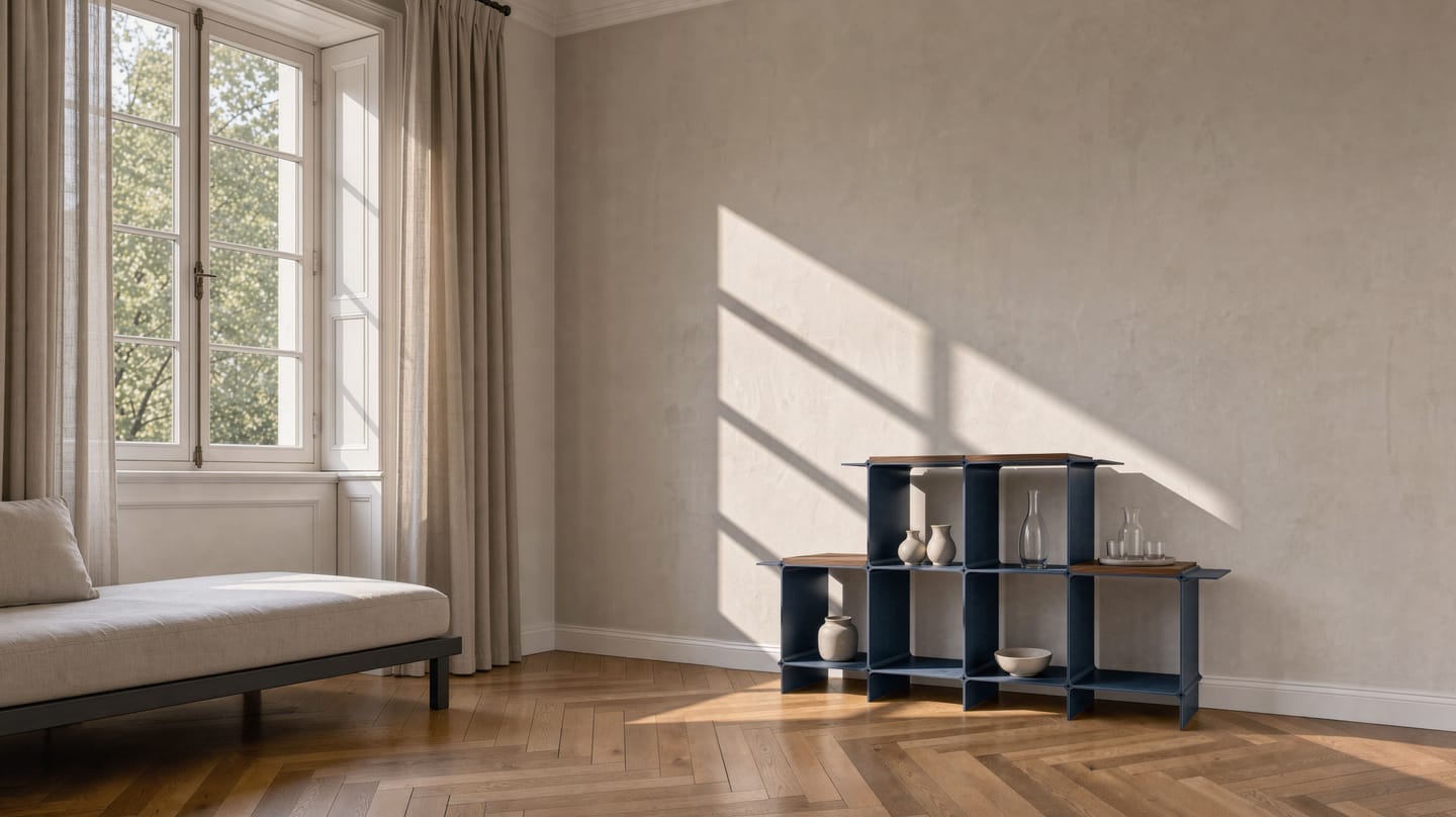 Montique cube shelf in dark blue with wooden shelves in walnut — in a period apartment beside the tall window, a daybed in front