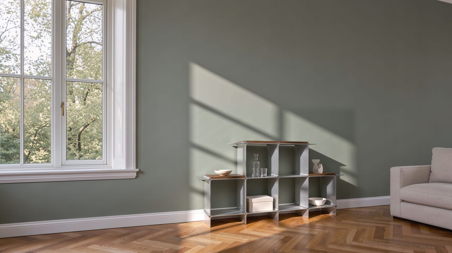 Montique shelving system in silver with wooden shelves in walnut — in the corner room of a period apartment, beside the window, in morning light