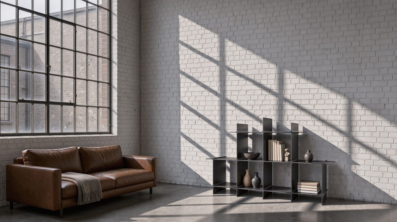 Montique shelving system in black with upright wings — in a loft against a white brick wall, beside a factory window