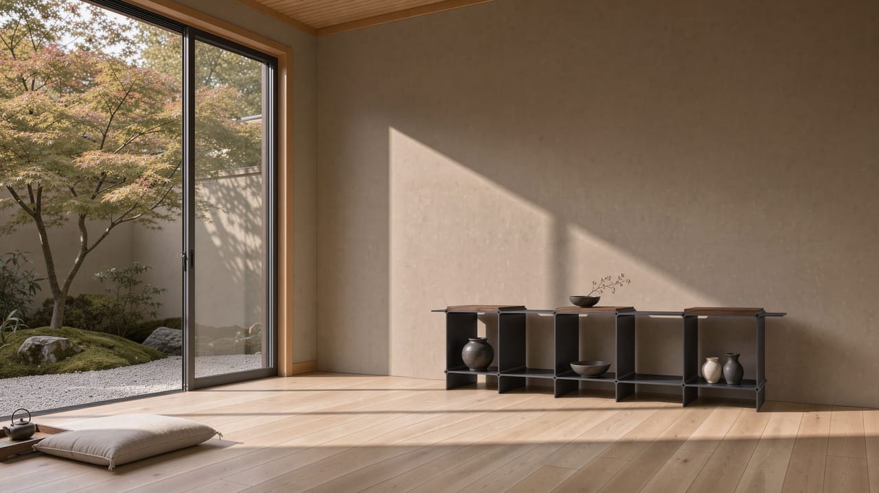 Montique as a sideboard in black with wooden shelves in walnut — five compartments in a row, in a pavilion with a view of the garden