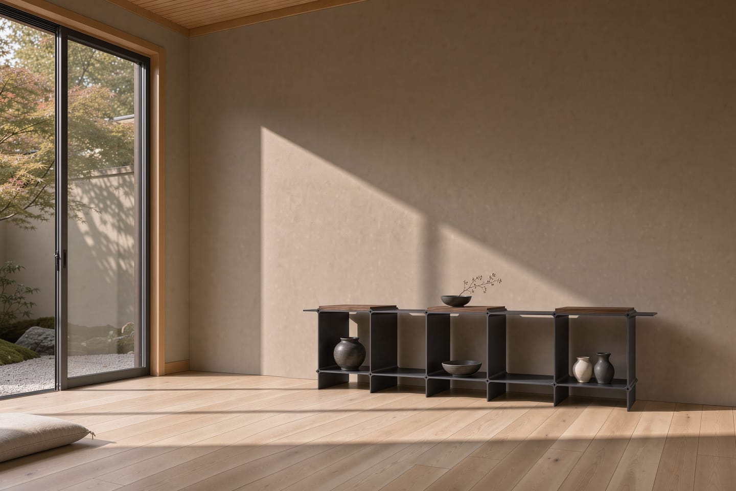 Montique as a sideboard in black with wooden shelves in walnut — five compartments in a row, in a pavilion with a view of the garden