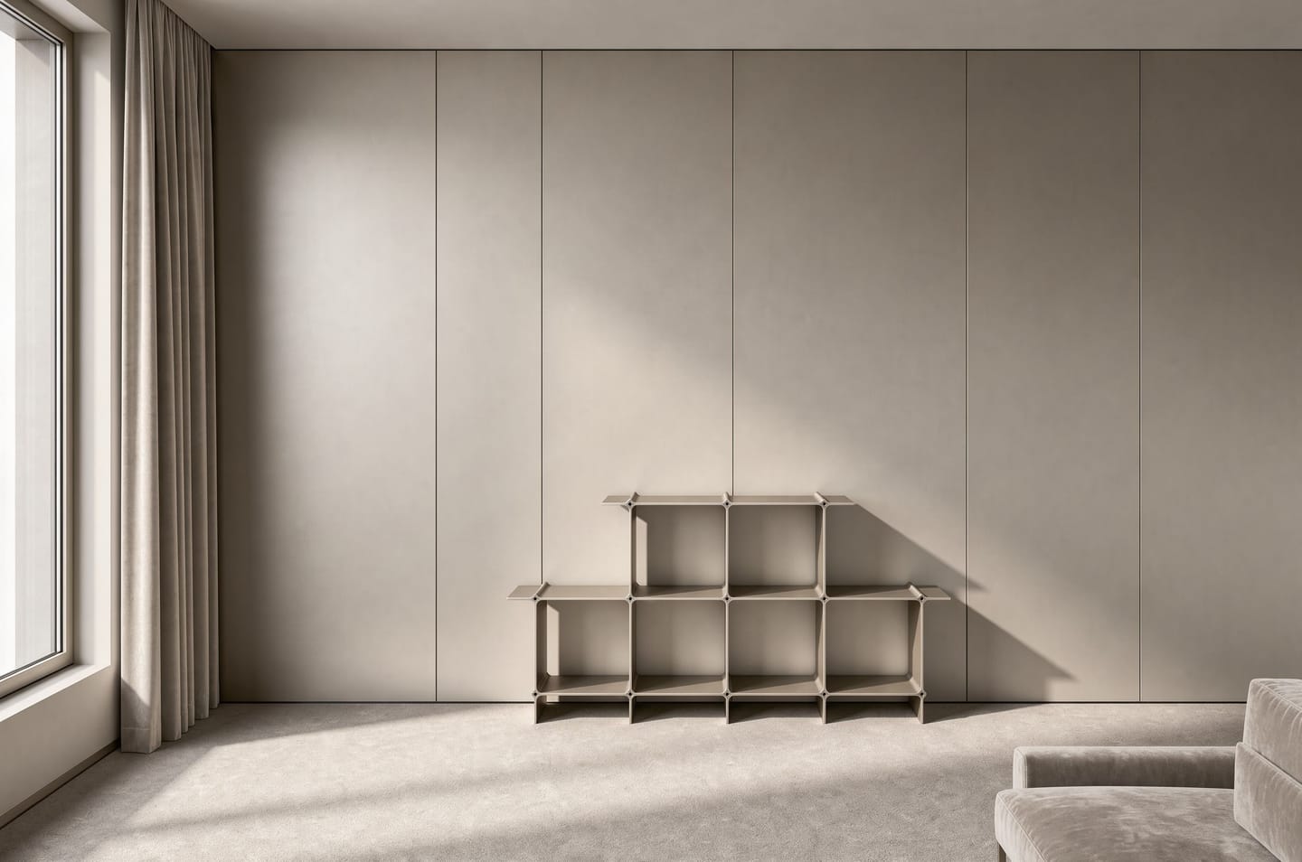 Shelf in gold in a room entirely in sand tones