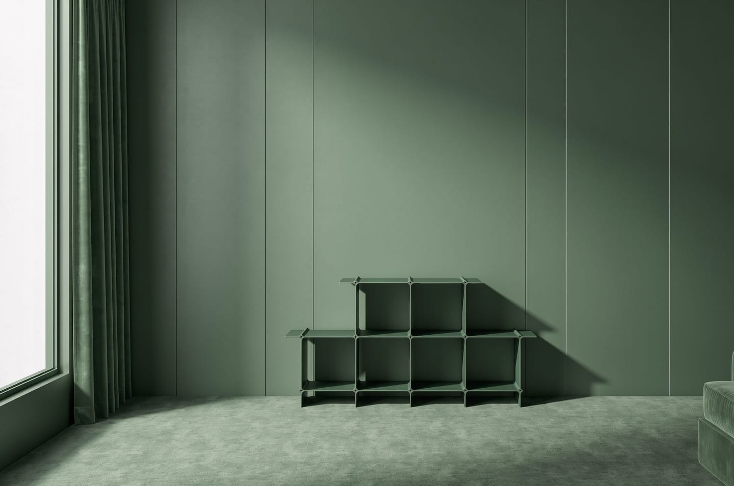 Shelf in dark green in a room entirely in green