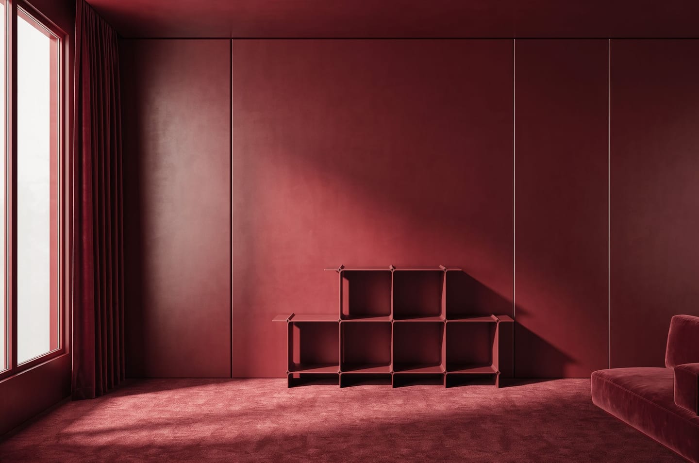 Colour study: shelf in red in a room entirely in red