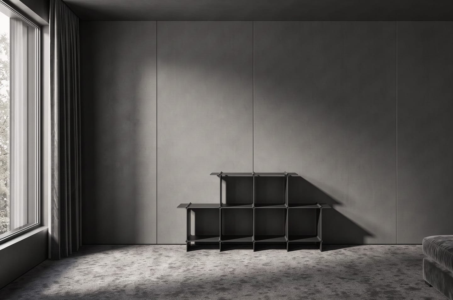 Shelf in black in a room entirely in anthracite