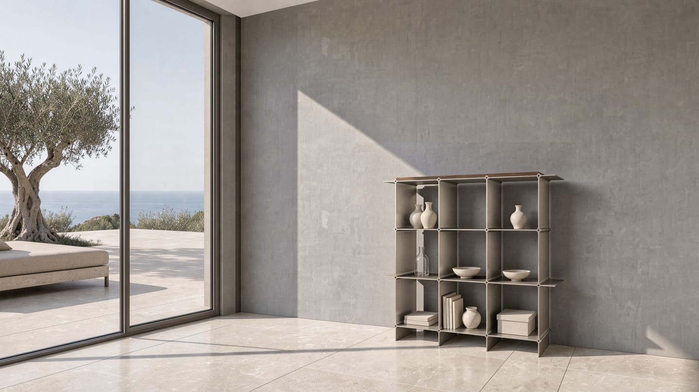 Montique shelving system in gold, three by three compartments with wooden shelves in walnut — against a concrete wall, on the left the open glass front to the terrace with an olive tree and the sea