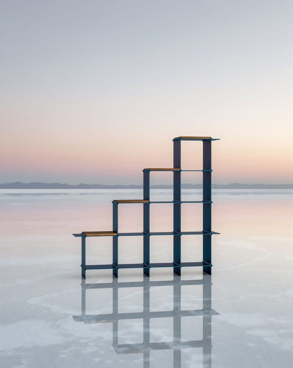 Shelf in dark blue, stepped, on a mirror-like salt lake at dusk