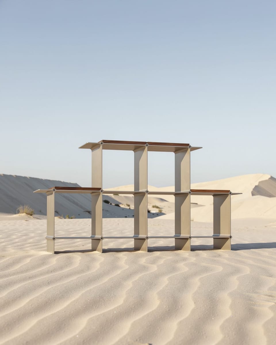 Shelf in gold with wooden shelves in walnut in rippled sand, dunes in morning light behind