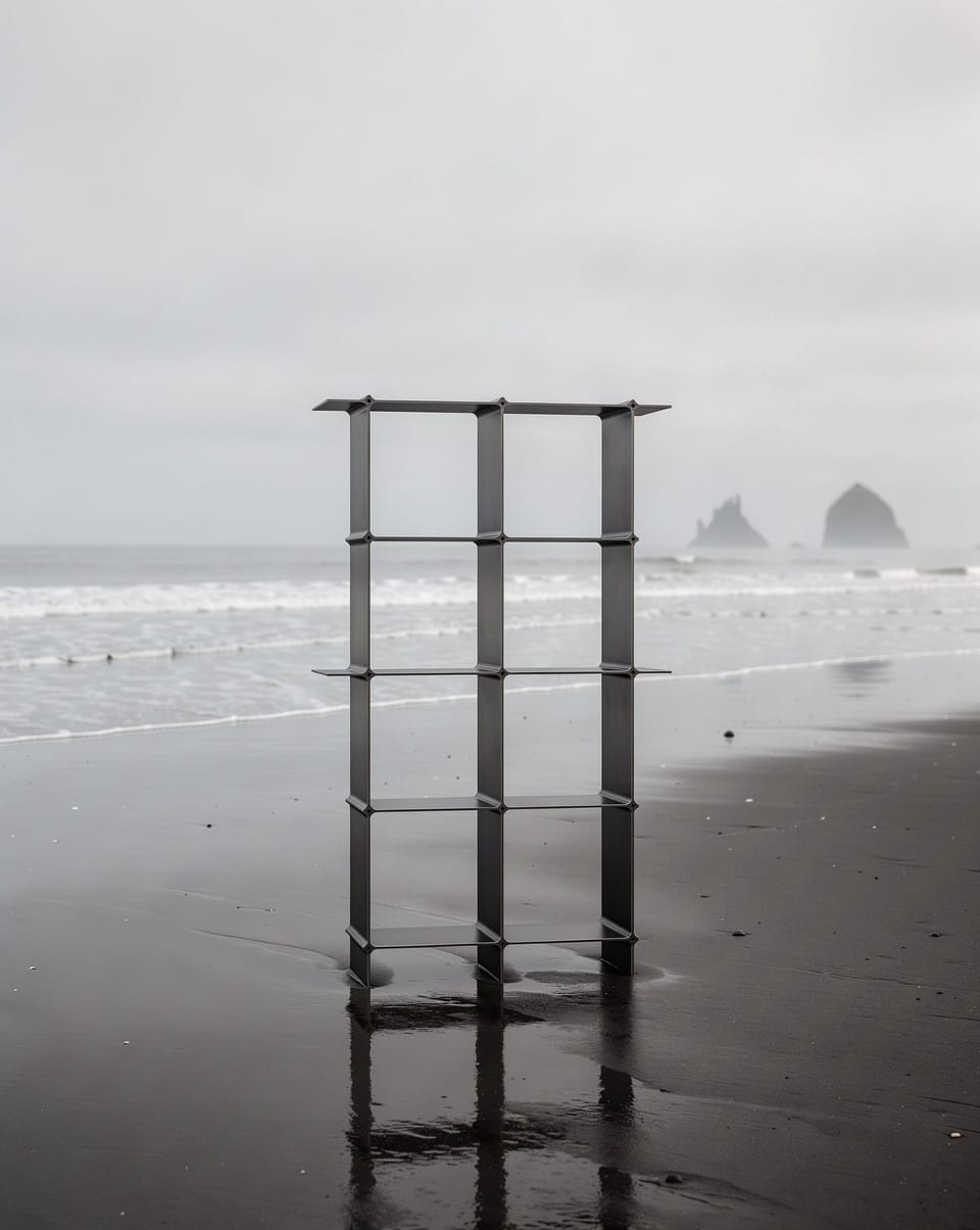 Shelf in black, a slim tower, in the wet black sand of a lava beach, surf and sea stacks behind