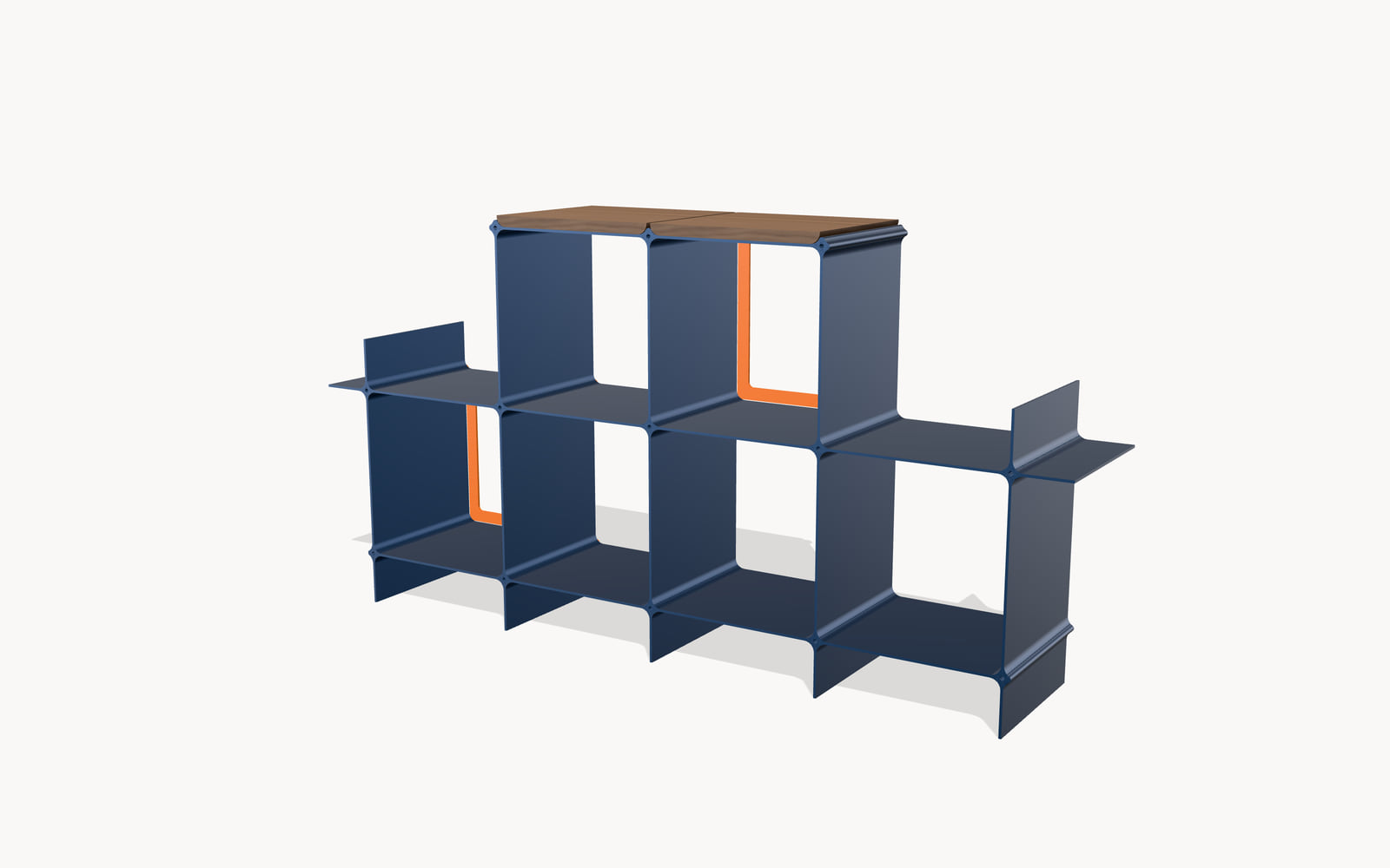 Sideboard 166 — six compartments in dark blue, with two walnut shelves and two frames in orange