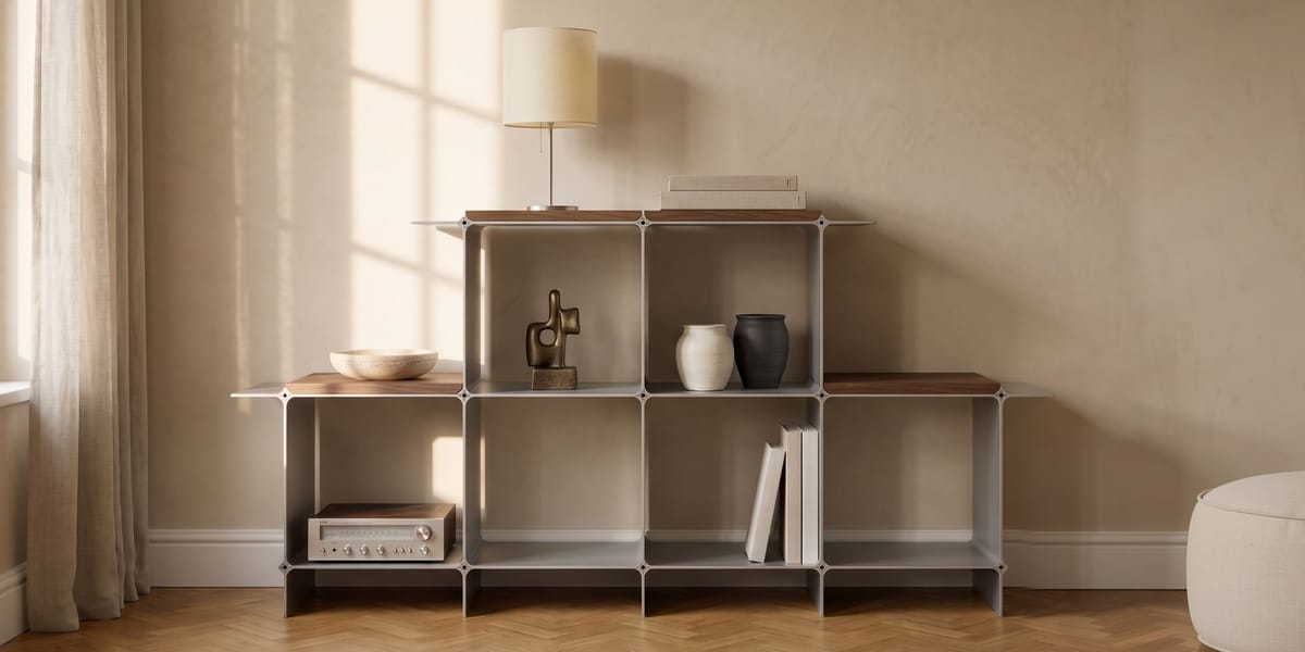Sideboard 166 — sechs Fächer in Silber, vier Holzablagen in Nussbaum und vier Flügel, darauf eine Tischleuchte; im Altbau, im Licht des Fensters