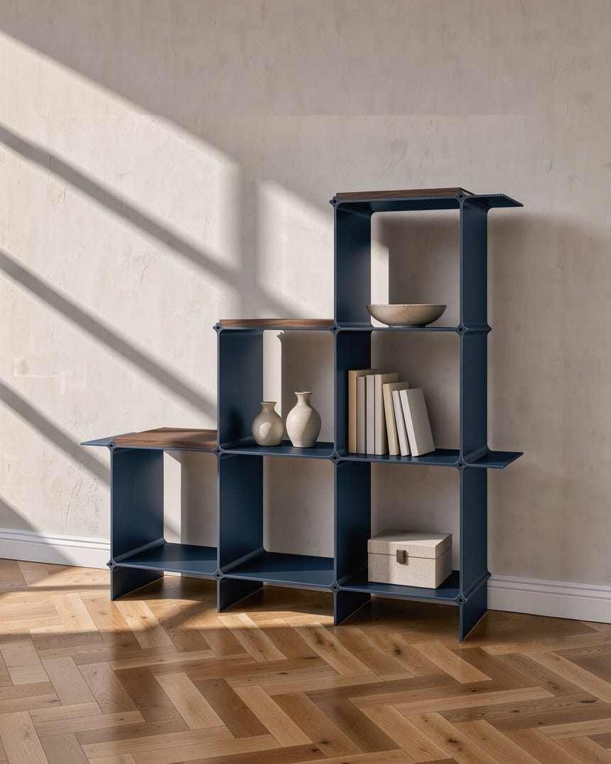 Regal in Dunkelblau als Treppe mit drei Stufen, auf jeder eine Ablage in Nussbaum — im Altbau auf Fischgrätparkett, im Licht des Fensters