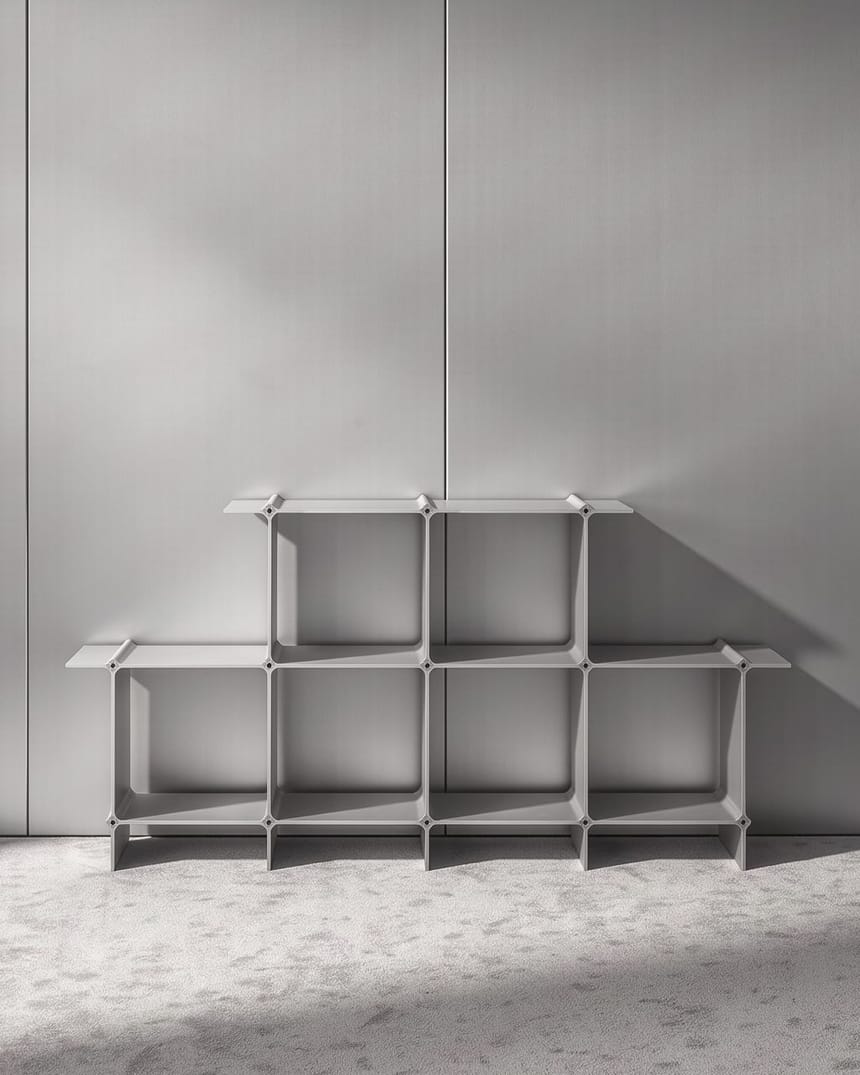 Regal in Silber in einem Raum ganz in Hellgrau — Wand und Teppich im Ton des Regals